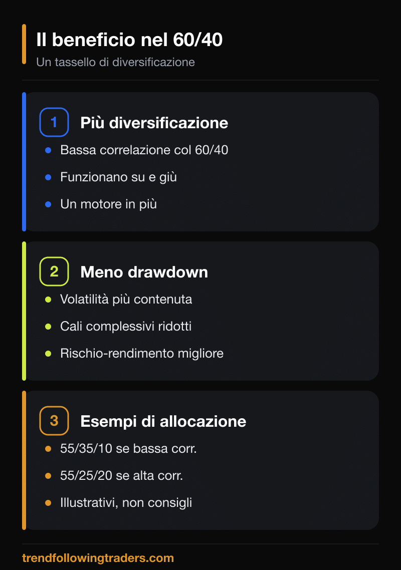 Il beneficio dei managed futures in un portafoglio 60/40: più diversificazione, meno drawdown ed esempi di allocazione tratti dalla ricerca.