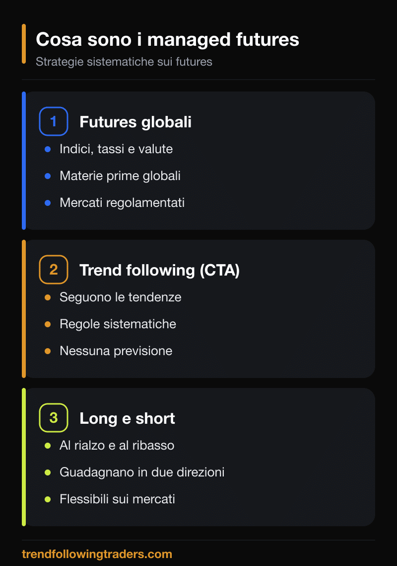 Cosa sono i managed futures: strategie trend following su futures globali (indici, tassi, valute, materie prime), operative sia long sia short.