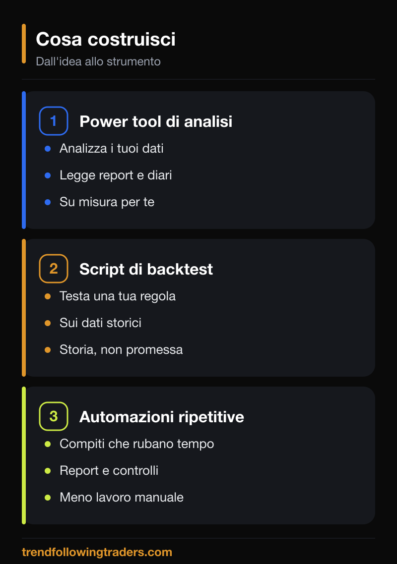 Cosa puoi costruire per automatizzare il trading con Claude Code: power tool di analisi, script di backtest e automazioni di compiti ripetitivi.