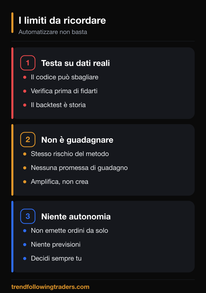 I limiti dell'automazione con l'AI: testare sempre su dati reali, automatizzare non è guadagnare, niente ordini in autonomia.