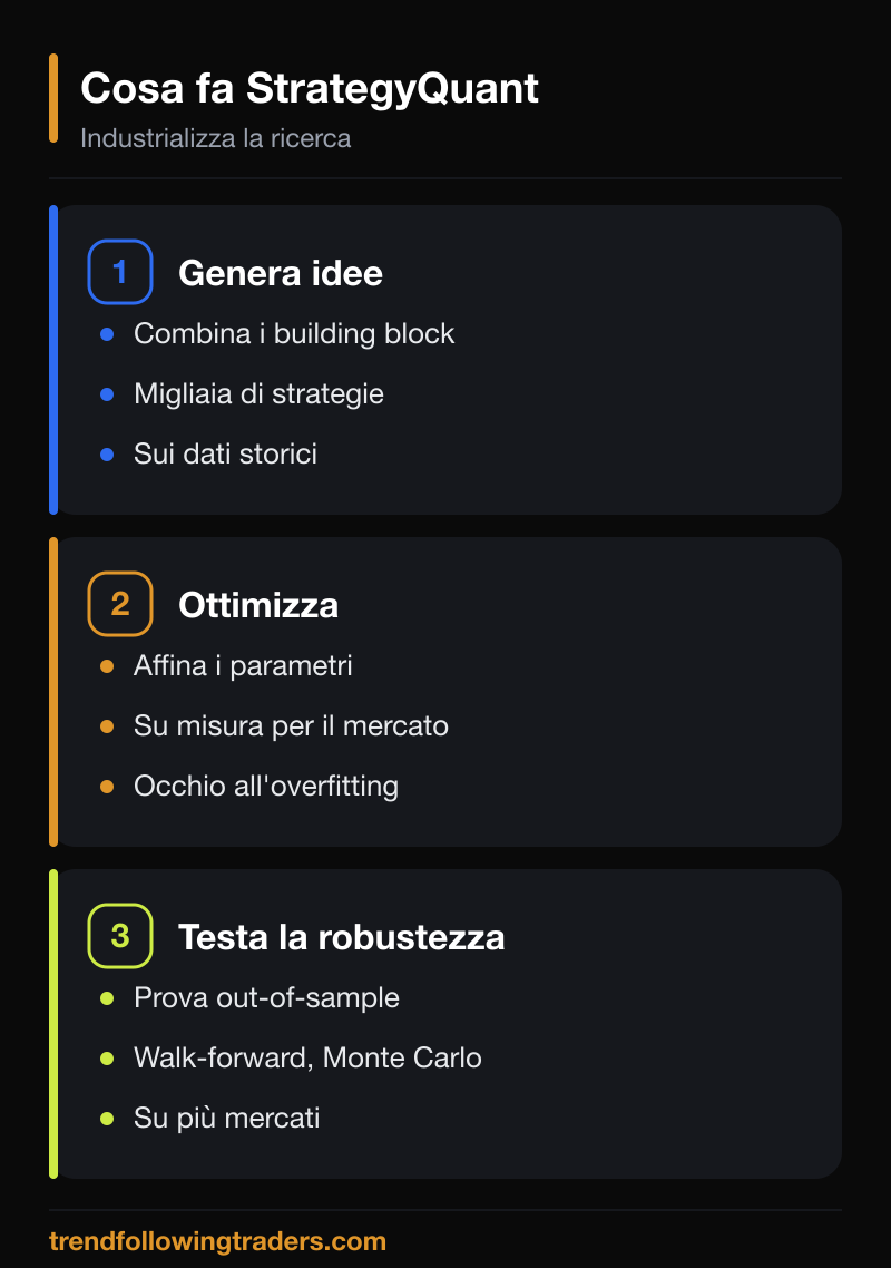 Cosa fa StrategyQuant nel flusso con l'intelligenza artificiale: genera idee di strategia, ottimizza i parametri, testa la robustezza out-of-sample.