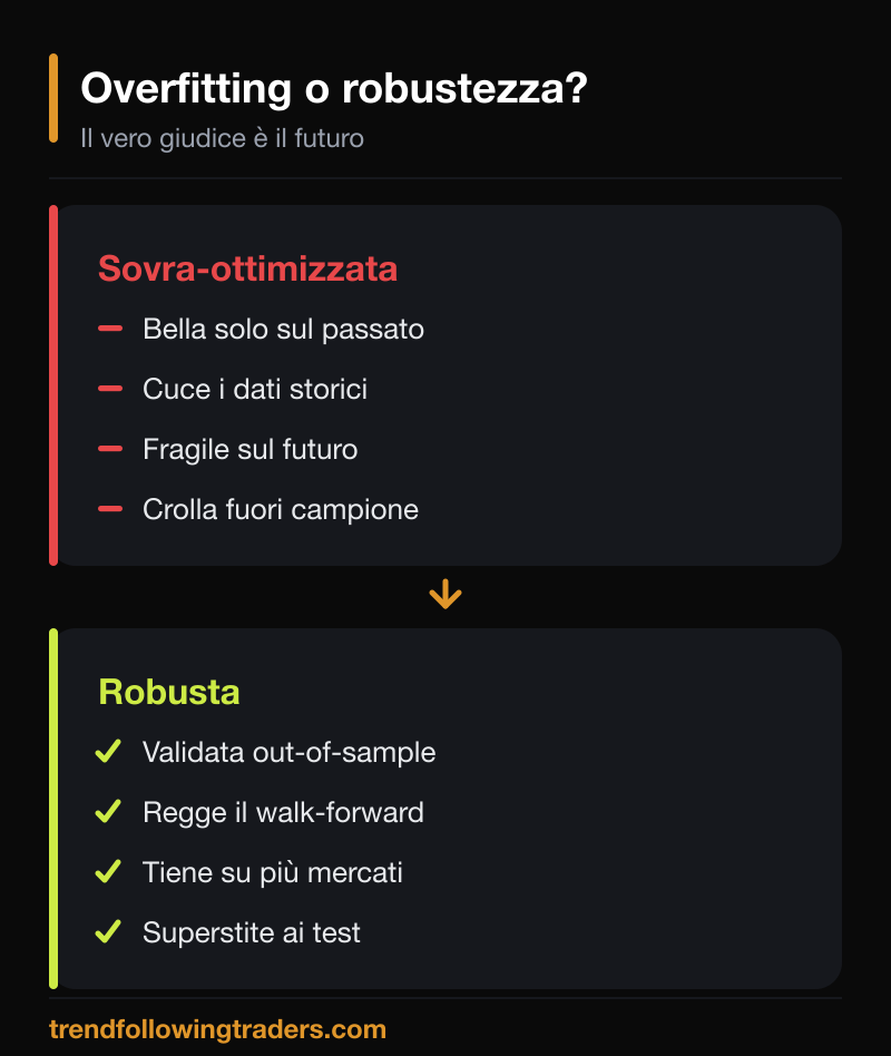 Overfitting contro robustezza: una strategia sovra-ottimizzata è bella sul passato e fragile, una robusta è validata out-of-sample e regge fuori campione.