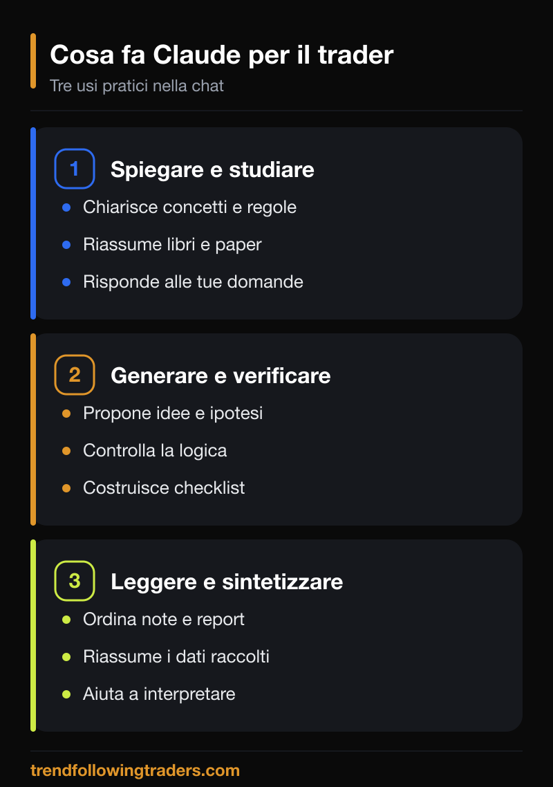 Cosa puoi fare quando decidi di usare Claude per il trading: spiegare e studiare, generare e verificare idee, leggere e sintetizzare dati.