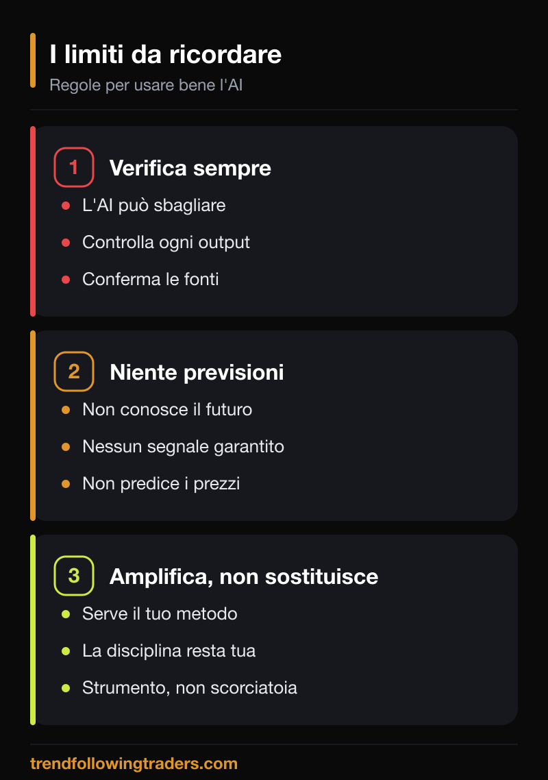 I limiti dell'AI nel trading: verificare sempre gli output, nessuna previsione garantita, l'AI amplifica ma non sostituisce il metodo.